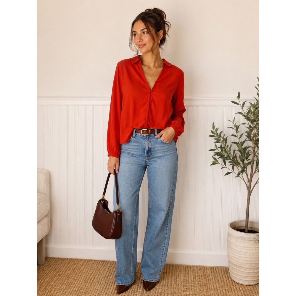 (NWT) J. Jill Women's Rust Orange Button-Front Collared Long Sleeve Blouse